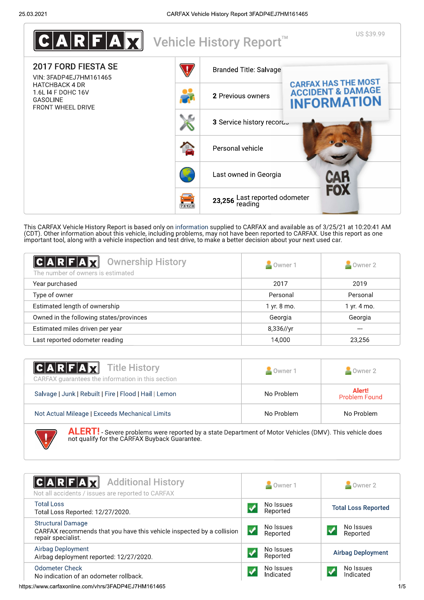 Sample Carfax vehicle history report for a 2017 Ford Fiesta